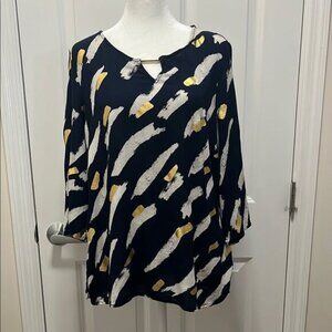 JM Collection Navy Tunic with Gold and White Patterns